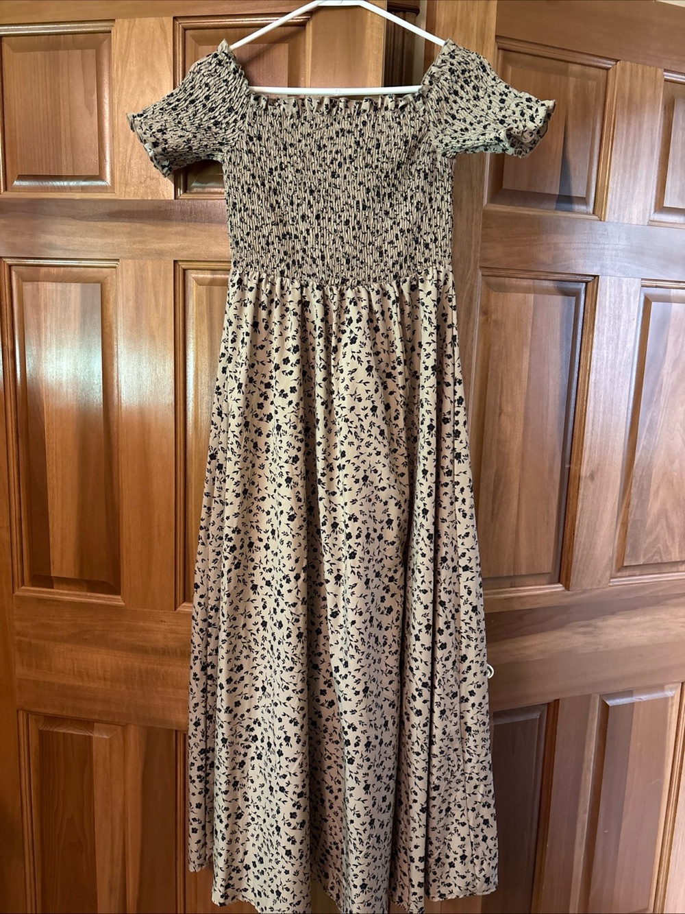Tan/Black Floral Smocked Maxi Dress